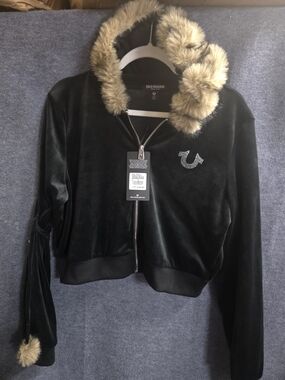 True Religion Black Velvet Zip Jacket with Faux Fur Trim